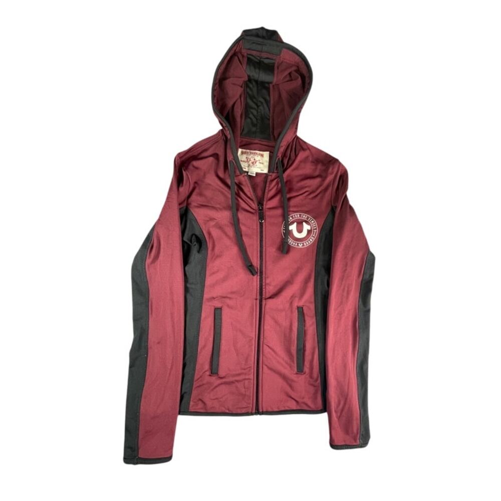 True Religion Zip Up Hoodie Womens XS Red Purple World Tour Logo Stretch Buddha